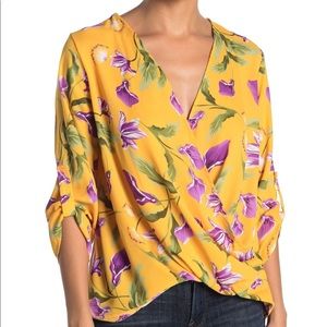 LUSH Surplice Draped High Low Hem Floral Blouse